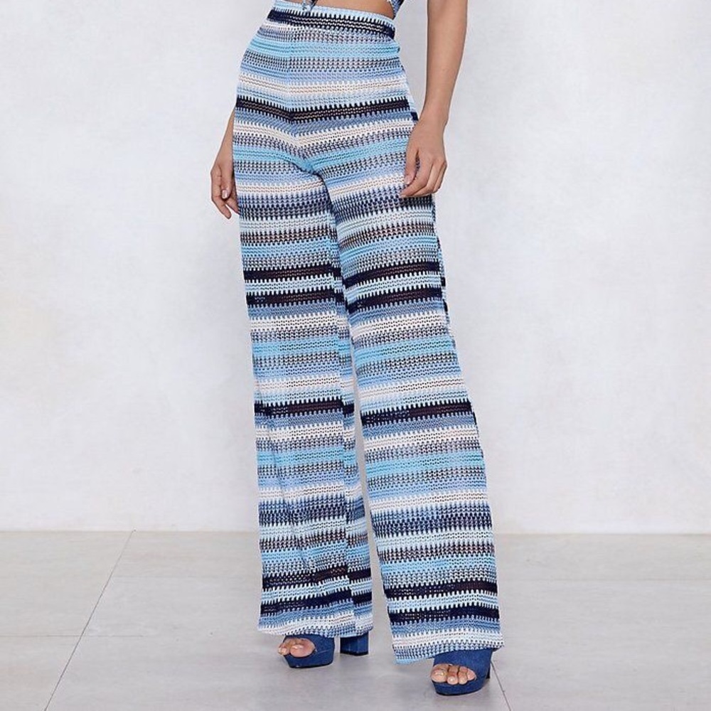 Nasty Gal Blue White Knit Stripe Wide Leg Pants | Retro 70s Style